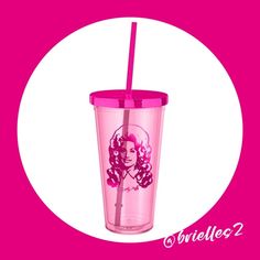 a pink plastic cup with a straw in the shape of a woman's face