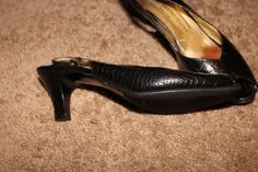 "Brand Name: Bruno Magli Material: Leather Style: Pumps Color(s): Black Details: Slingbacks Peeptoes Snakeskin Look Totally vintage 1990s  2.75\" heels Made in Italy Size: 9 Condition: Gently Used Vintage  Not your style of size.  Check out our other 1990s stuff here ~> https://www.etsy.com/shop/whatever1990s" Vintage High Heels With Leather Lining, Vintage High Heels With 4-inch Heel, Vintage Black High Heel Court Shoes, 4-inch Patent Leather High Heel Block Heels, Vintage Black Court Shoes With 4-inch Heel, Bruno Magli, Snake Skin, Womens Heels, Leather Fashion