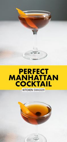 the perfect manhattan cocktail is served in coupe glasses with an orange peel garnish