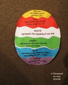 a paper plate with different colors and words on the top, in front of a brown carpet