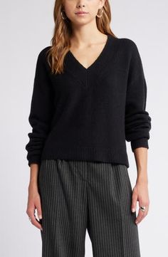 Open Edit V-Neck Sweater | Nordstrom Trendy Relaxed Fit V-neck Sweater, Winter Relaxed Fit V-neck Sweater, Oversized V-neck Sweater With Ribbed Cuffs, Knit V-neck Sweater With Ribbed Collar For Fall, Knit V-neck Sweater With Ribbed Cuffs, Relaxed Fit Knit V-neck Sweater For Layering, V-neck Sweater For Loungewear, Casual Knit V-neck Sweater With Ribbed Cuffs, Trendy V-neck Sweater With Ribbed Collar