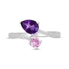 Pretty and playful hues come perfectly together in this dazzling bypass ring. Crafted in sterling silver On one end, a pear-shaped amethyst glimmers A rosy round-cut pink lab-created sapphire adorns the other White lab-created sapphires on the shank finish the look with sparkle A perfect gift for any occasion White Lab, Bypass Ring, Ring Sterling Silver, Pear Shaped, Round Cut, Sterling Silver Rings, Pear, Sapphire, Amethyst