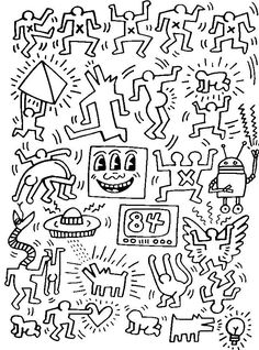 a black and white drawing with lots of doodles on the bottom half of it