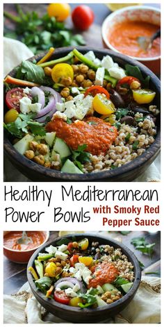 healthy mediterraneanan power bowls with smoky red pepper sauce are the perfect side dish for any meal