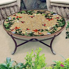 Caramel Hummingbird Mosaic Coffee Table-Iron Accents Hummingbird Mosaic, Grout Sealer, Mosaic Furniture, Mosaic Coffee Table, Mosaic Table Top, Round Mosaic, Mosaic Garden Art, Mosaic Tile Art, Mosaic Art Projects