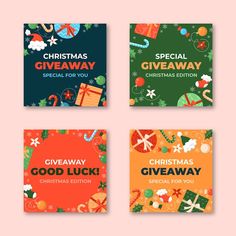 four christmas gift cards with the words giveaway, good luck, and special for you