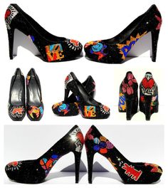 Adorned in crystals these shoes are hand-painted and custom created. These all Swarovski Crystal Heels have a Famous Pop Art images on the inside, outside, toes, heels and even the soles! These are truly one of a kind and are amazing to behold in person. The Heel is covered in black Swarovski crystals and have the hand painted POP ART in every place the eye can see. Please inbox us with any questions, we love to make new creations so please send us your ideas! All of our creations take 4-6 weeks Famous Pop Art, All The Princesses, Pop Art Images, Crystal Heels, Shoe Art, Inside Outside, Painted Shoes, Must Have Items, 4 Inch Heels