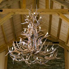 a chandelier made out of antlers hangs from the ceiling