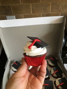 a hand holding a cupcake with white frosting and red icing on it