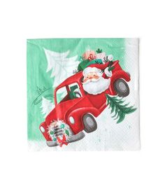 a napkin with a santa clause driving a red truck on it's side and christmas decorations around the edges