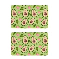 two place mats with avocados and leaves on them, one has an avocado