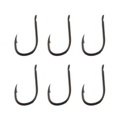 six fishing hooks on a white background