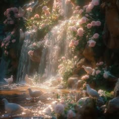 the waterfall is surrounded by pink roses and white doves, as well as other birds