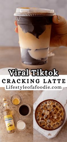 a person holding a cup with liquid in it and the words virtual tips cracking latte