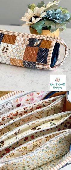 an open purse sitting on top of a counter next to a flower pot filled with flowers