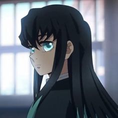 an anime character with long black hair and blue eyes looking at something in the distance