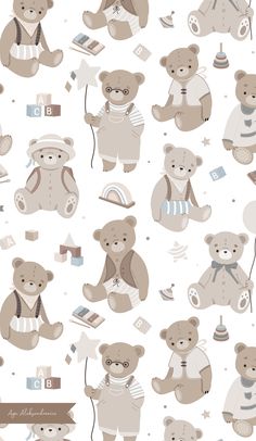 the teddy bears are all different sizes and colors on this wallpaper pattern, which is very similar to each other