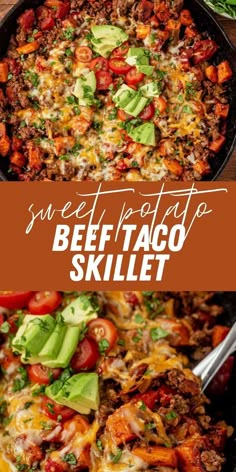 a skillet filled with beef, tomatoes and avocado on top of a wooden table