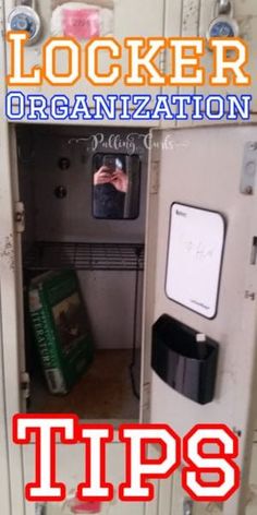 locker organization tips for small spaces with pictures and text overlaying the image in red