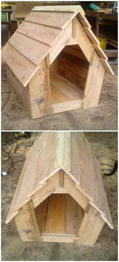 two pictures of the same dog house made out of wood