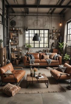 an industrial style living room with leather furniture