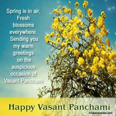 a happy vasant panchami greeting card with yellow flowers and blue sky in the background