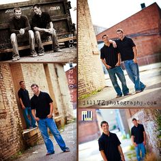 two men are posing for pictures in front of a brick building and one man is leaning on the back of a truck