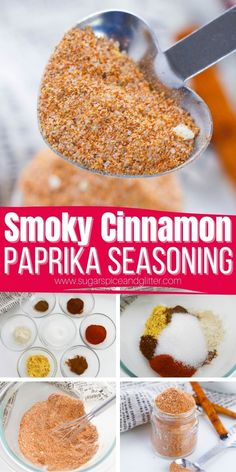 there is a spoon with spices in it and the words smoky cinnamon paprika seasoning