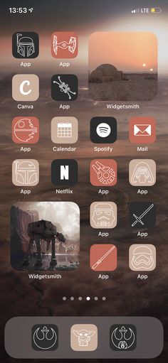 an iphone screen with icons on it and the theme for star wars is shown in red