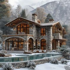 a large stone house with a pool in the front yard and mountains in the background