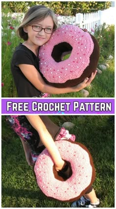 a woman holding a giant donut in her hands and the words free crochet pattern above it