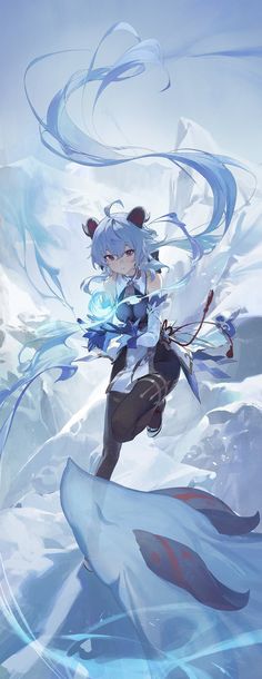 an anime character with white hair and blue eyes is flying through the air over snow