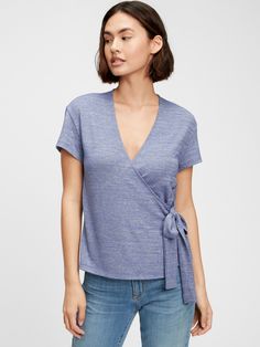 Softspun Wrap-Front Top | Gap Factory Wrap Front Top, Knit Short, Shoulder Top, Gap, Open Shoulder Tops, Tunic Tops, Short Sleeves, V Neck, Knitting