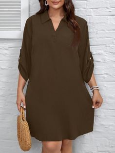 Plus Size Women  Halloween Colorful Plaid Print Long Sleeve Shirt Collar Dress Coffee Brown Casual  Wrist-Length Sleeve Woven Fabric Plain Shirt,Tunic Non-Stretch  Women Plus Clothing, size features are:Bust: ,Length: ,Sleeve Length: Simple Dress Styles, Simple Sewing, Linen Blend Pants, Plain Shirt, Simple Dress, Women Shawl, Collars For Women, Coffee Brown, Dress For Short Women