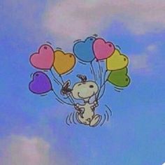 there is a cartoon dog flying in the sky with hearts on it's balloons