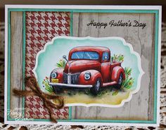 a father's day card with an old red truck on the front and plaid background