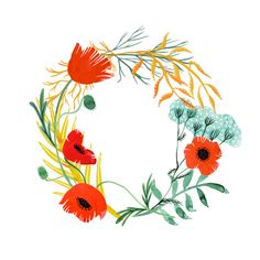 an image of a wreath with red flowers and green leaves on white background, watercolor painting