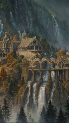 a painting of a bridge over a waterfall in front of a mountain with trees and buildings