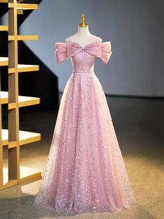 Sparkly Off-Shoulder Sequins Floor Length Formal Dress Prom Dress Pink, Off Shoulder Evening Dress, Pink Prom Dress, Pink Prom, Pink Dresses, فستان سهرة, Pink Prom Dresses, Wholesale Dress, Message Box