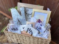 a wicker basket filled with personalized items