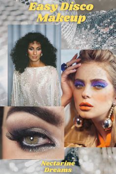 Real Disco Fashion, Disco Makeup Look, Disco Makeup Tutorial, 70s Disco Hair And Makeup, Disco Makeup 1970s Glitter, Disco Party Hairstyles, 70s Makeup Look Disco, Disco Party Makeup, 70s Jewelry Disco