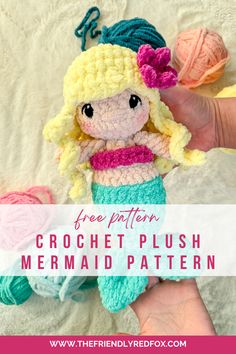 a crochet mermaid doll with text overlay that says free pattern