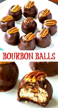 bourbon balls with pecans on top and chocolate covered in caramel, are served on a white plate