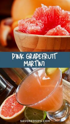 grapefruit martini recipe with pink grapefruit garnish in a wooden bowl