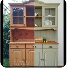 two pictures side by side one has a hutch and the other has an old china cabinet