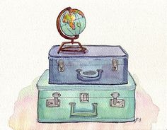 three suitcases with the words travel the world written on one side and an earth globe on top