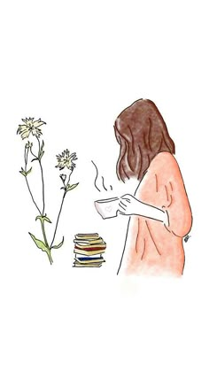 a drawing of a woman sitting at a table next to a stack of books and flowers