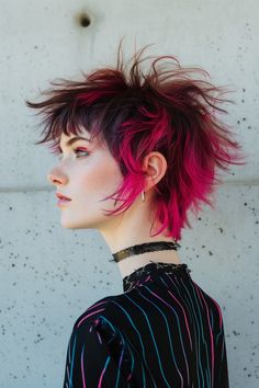 Short Hair Vivids, Multicolor Short Hair, Punk Hairstyles For Short Hair, Top Haircuts For Women 2024, Inverted Bob With Undercut, Mullet Colored Hair, Half Half Hair Color, Colorful Undercut, Hot Pink Short Hair