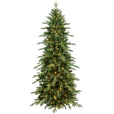 a tall christmas tree with lights on it's branches and green leaves, against a white background