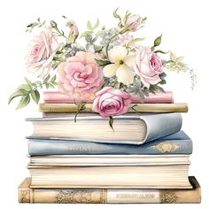 a stack of books with flowers on top of each book is shown in this watercolor painting